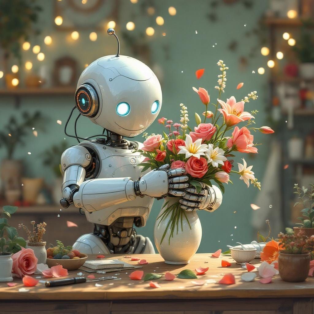 Pastel Robot Arranging Flowers in Storybook Illustration Sty...