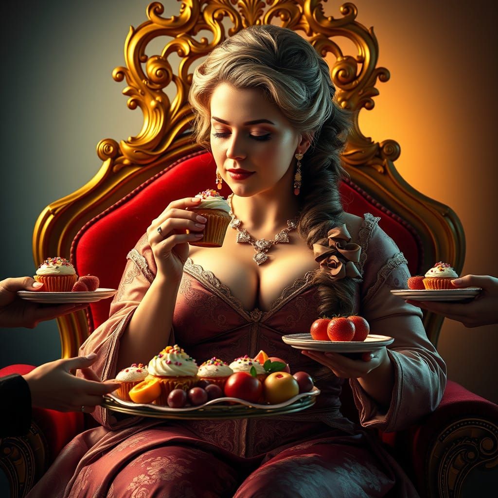 Regal Woman Delights in Luxurious Desserts