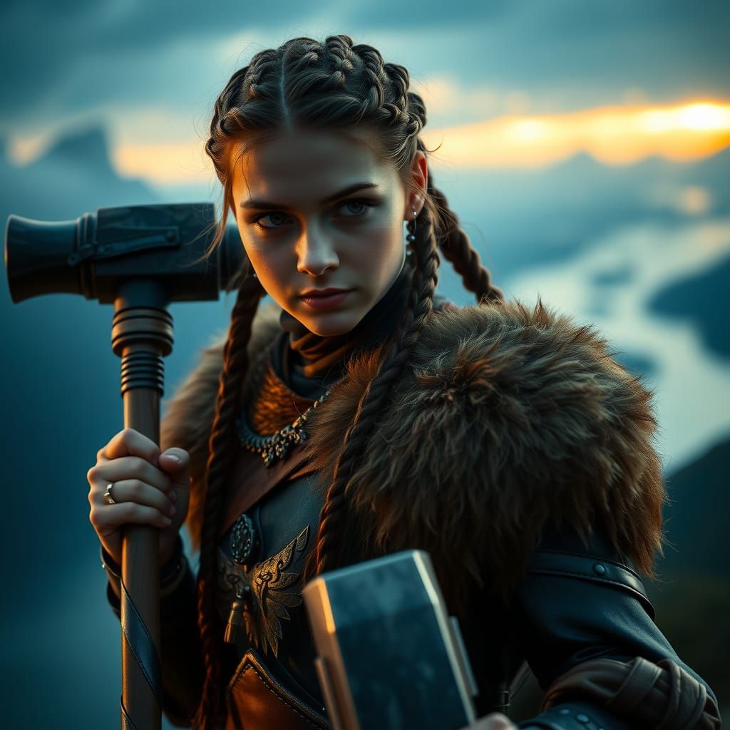 Stunning Viking Woman in Fjord at Dusk, Cinematic Lighting