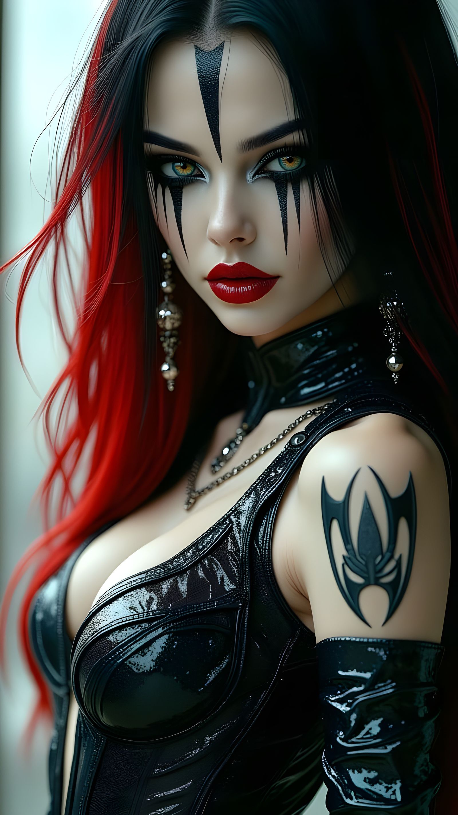 Stunning Cyberpunk Woman with Red and Black Hair