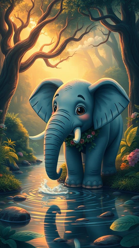 Cartoon Elephant Drinking at Riverbank in Forest