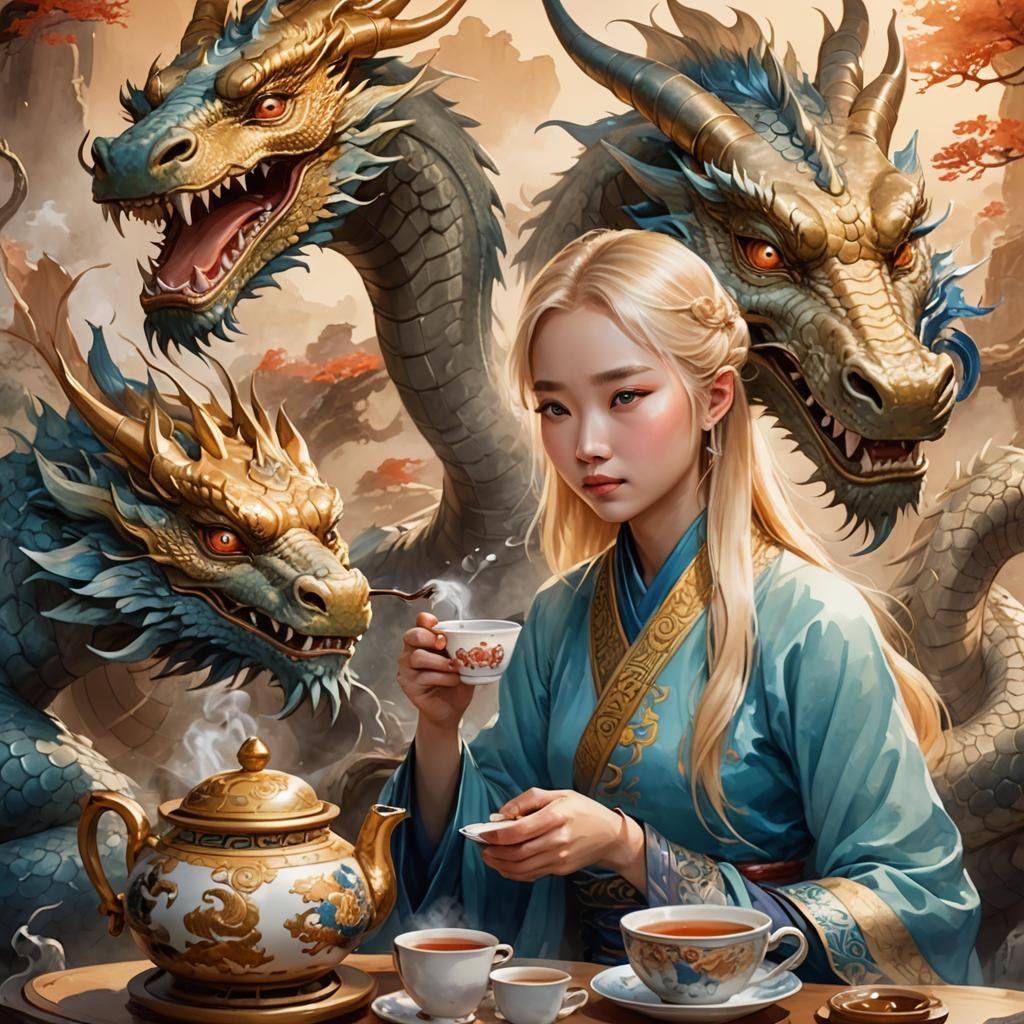 Chinese Girl and Dragon Tea Party in Matte Painting Style