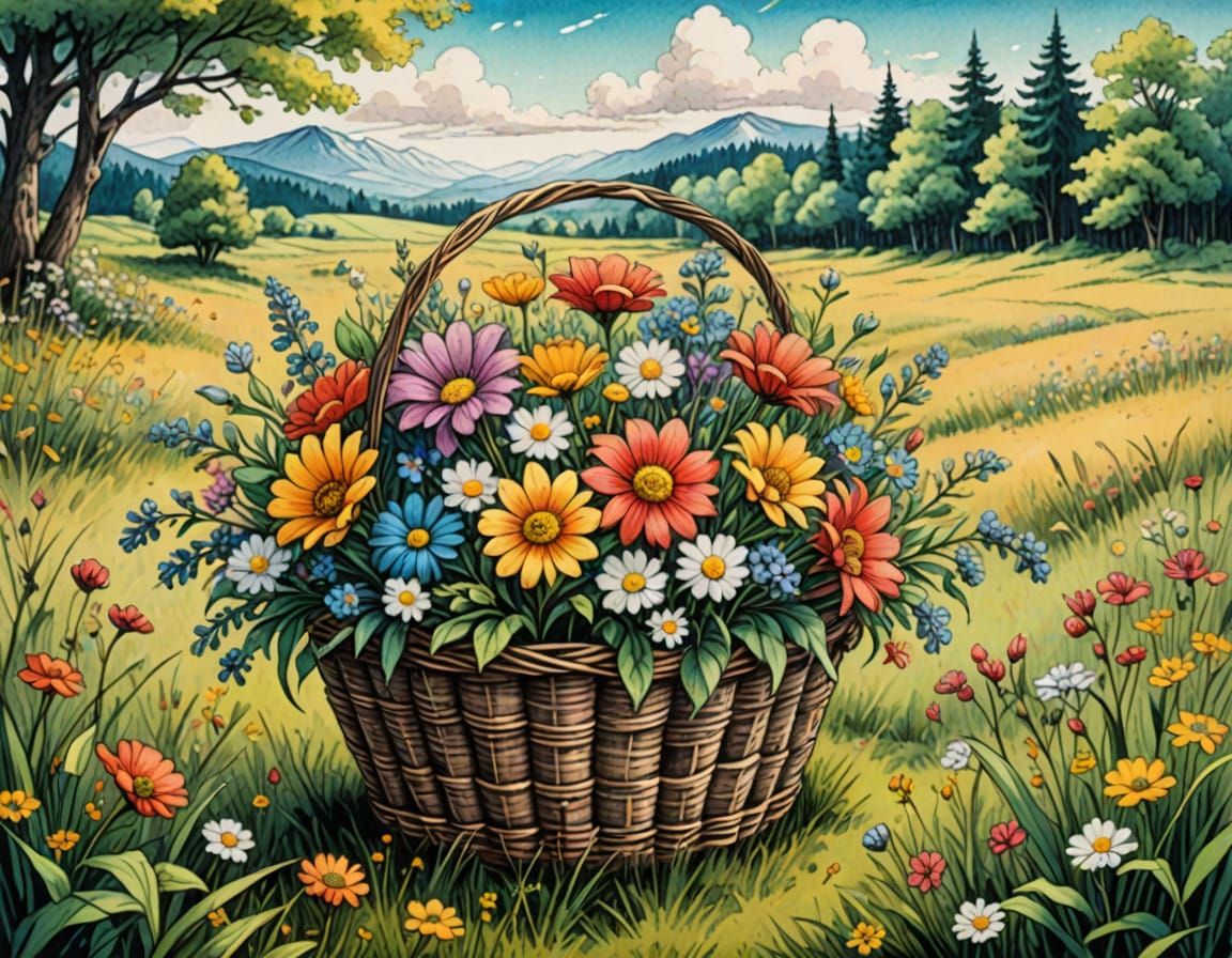 Vibrant Floral Basket in Whimsical Manga Style