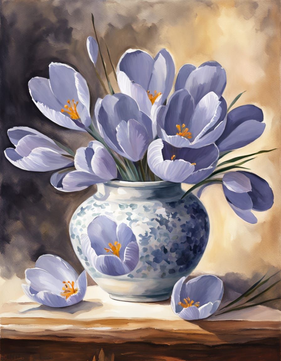 Whimsical Watercolor Crocus in a Delicate Vase
