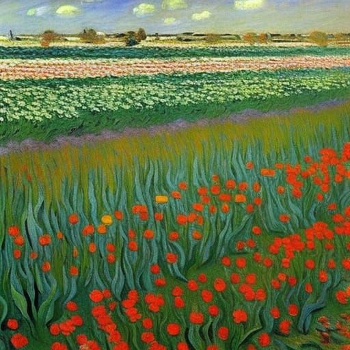 Colorful Tulip Field as Gouache Painting