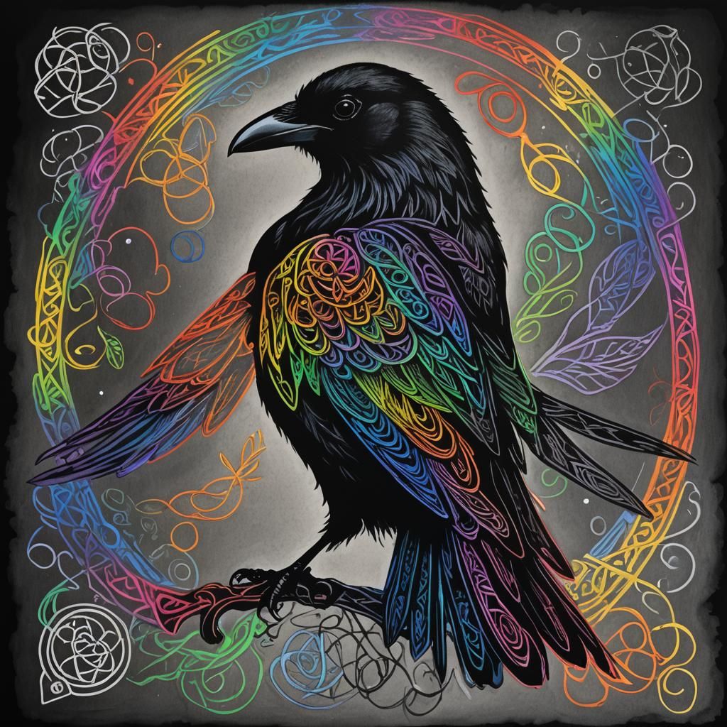 Surreal Celtic Raven Crayon Drawing with Fairy