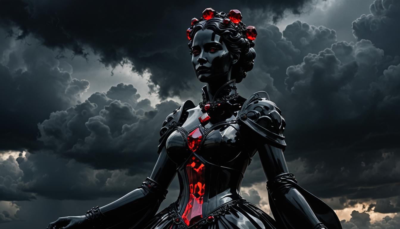 Obsidian Glass Lady Sculpture with Fiery Rubies