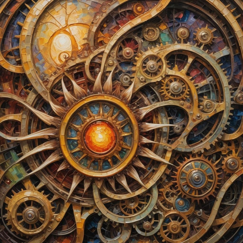Steampunk Sun Engine in Neo-Impressionistic Style