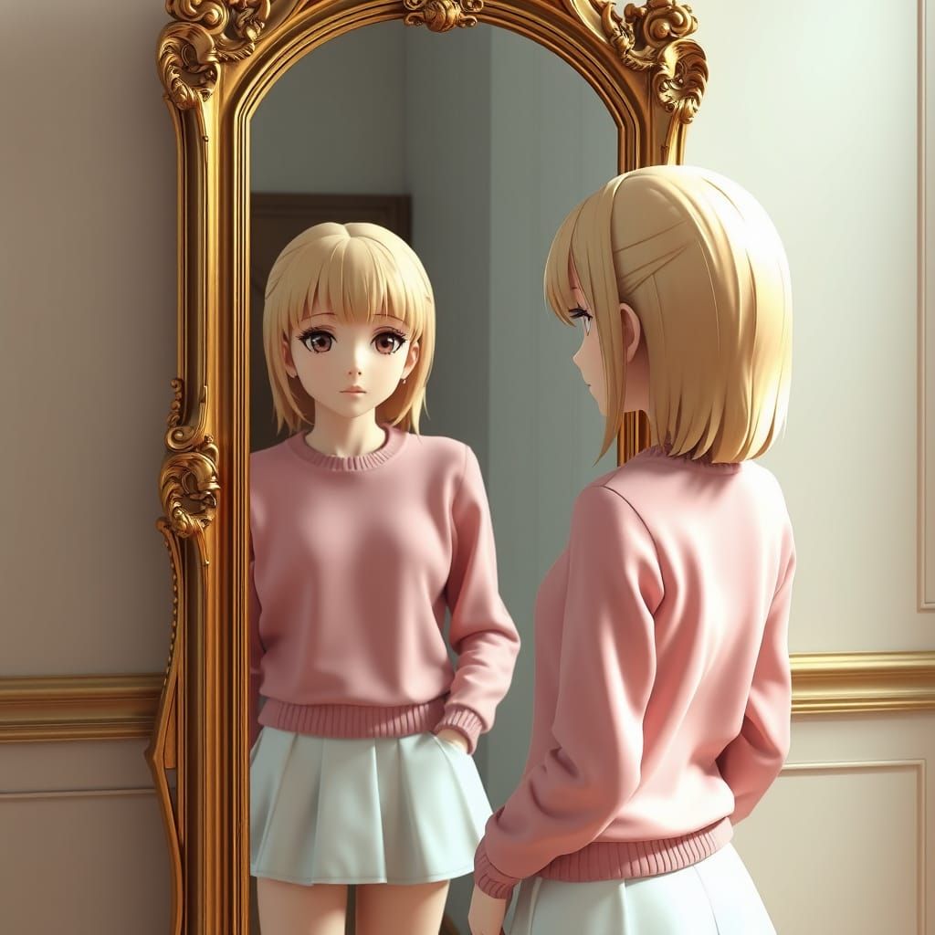 Anime Girl Stares into Portal Mirror with Hyper-Real Reflect...