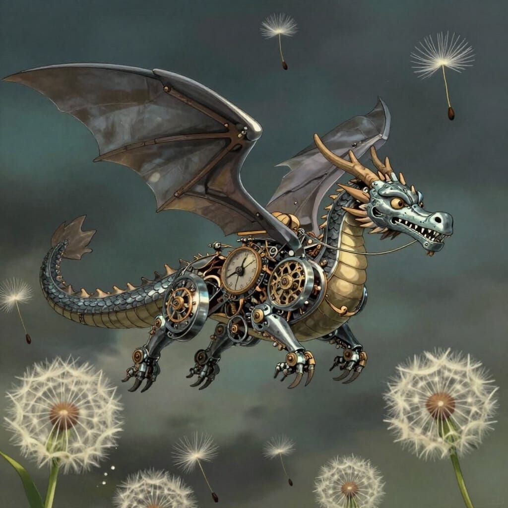 Clockwork Dragon Soars Amidst Giant Glowing Dandelions