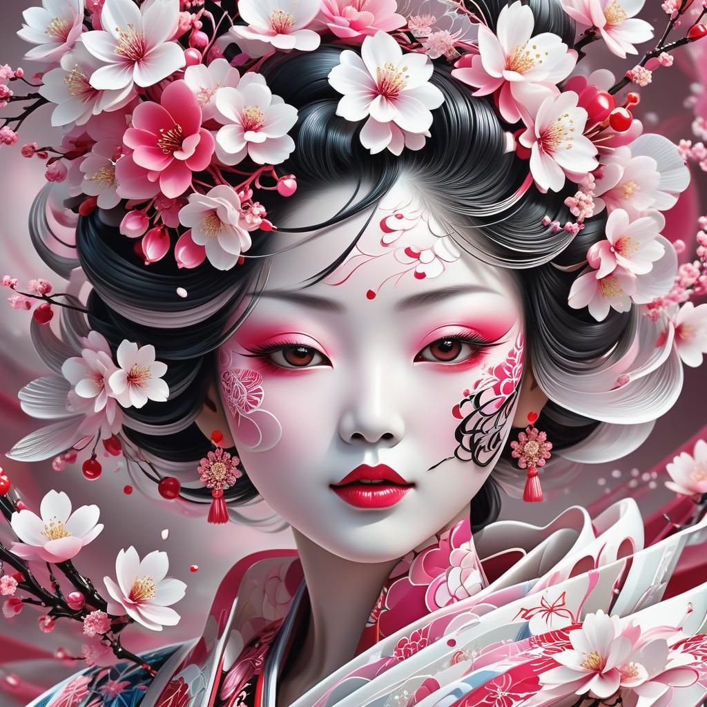 Abstract Fractal Geisha with Cherry Blossoms