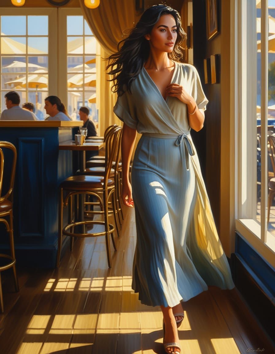 Romantic Realism Portrait: Woman in Cafe, Golden Hour