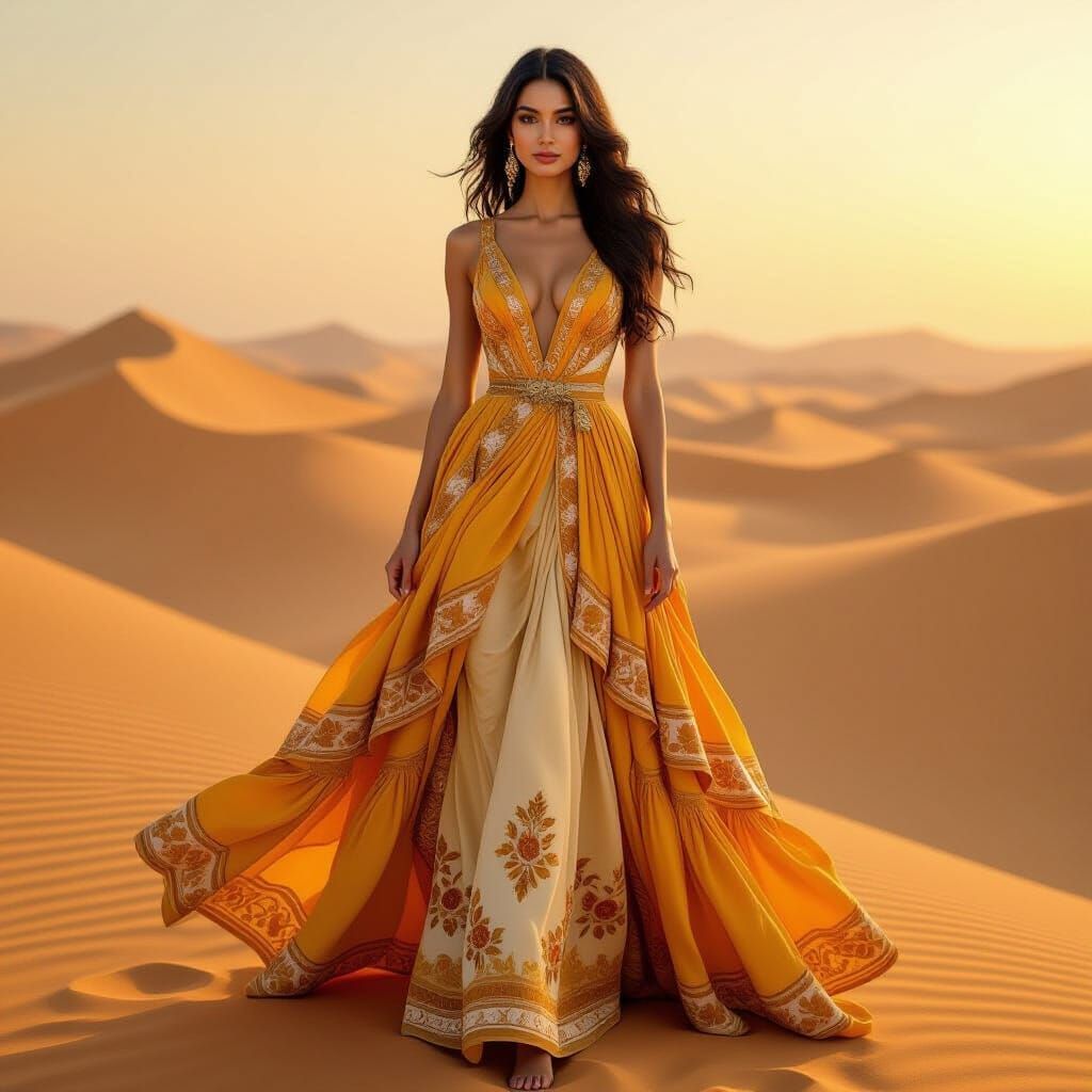 Elegant Saffron Gown in Desert Sunset Hues
