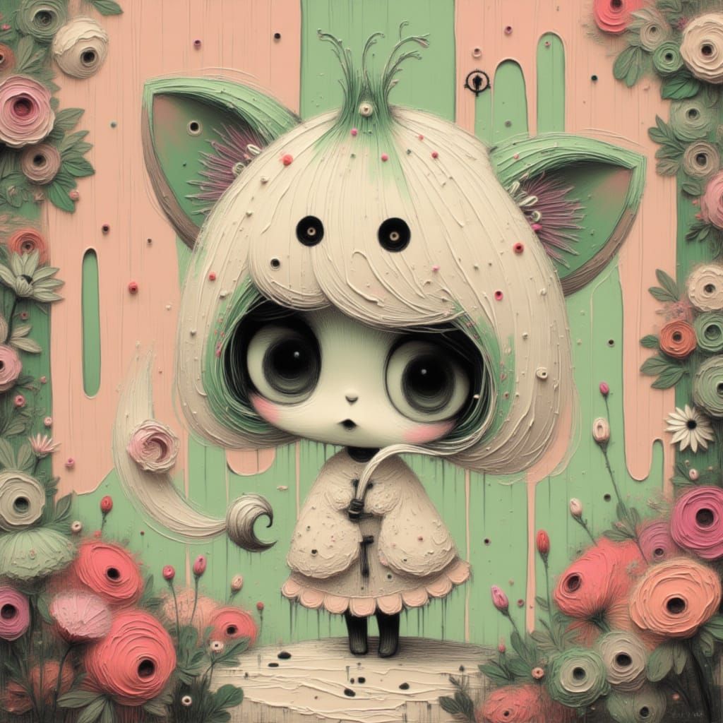 Chibi Creature with Spring Onion Body and Cat Features