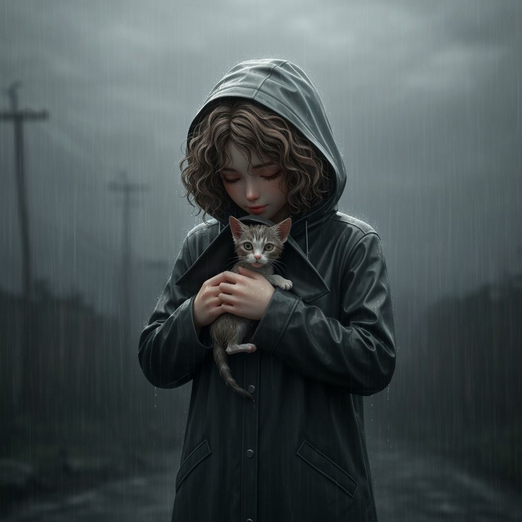 Girl Sheltering Kitten in Rain, 3D Anime Style