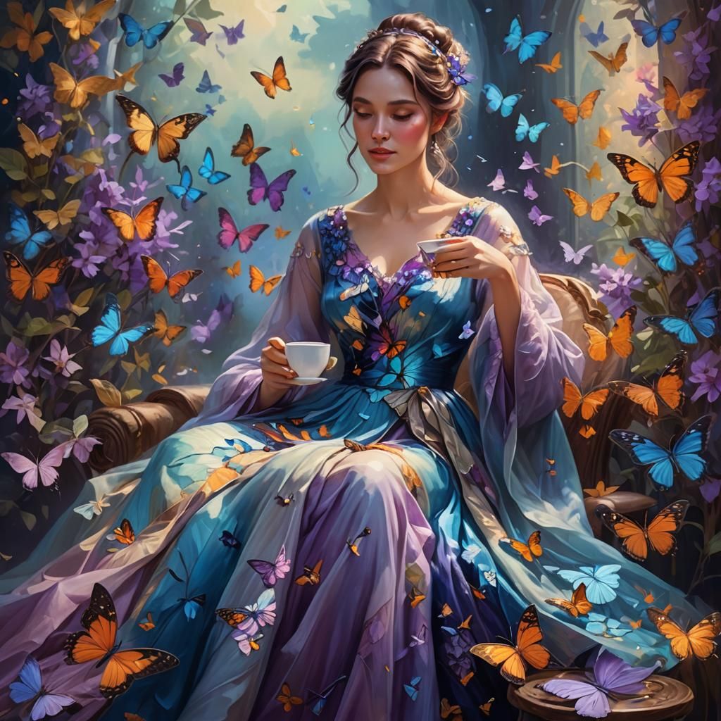 Lady Sipping Coffee Surrounded by Butterflies as Oil Paintin...
