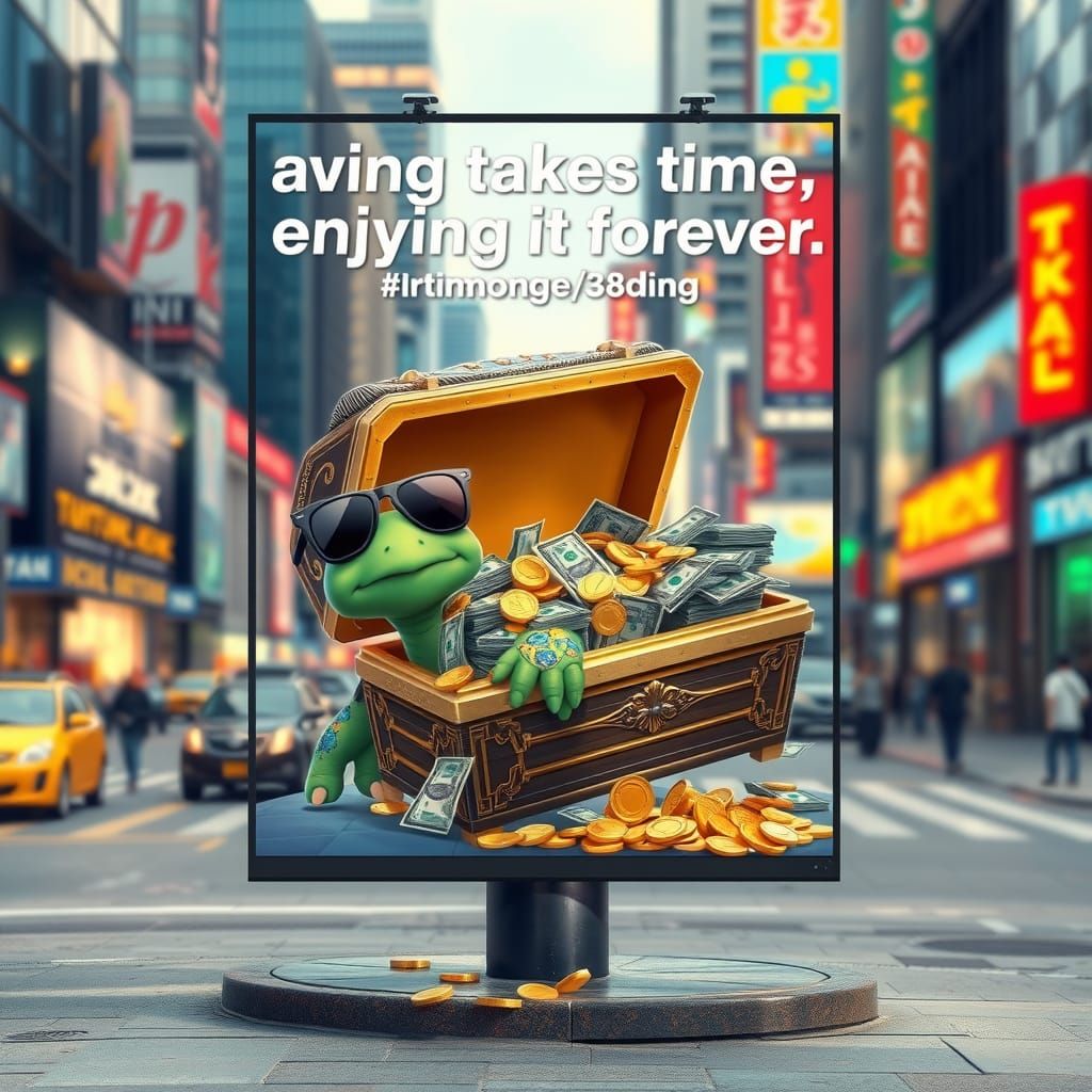 Whimsical 3D Anime Billboard of Turtle with Money and Coffin