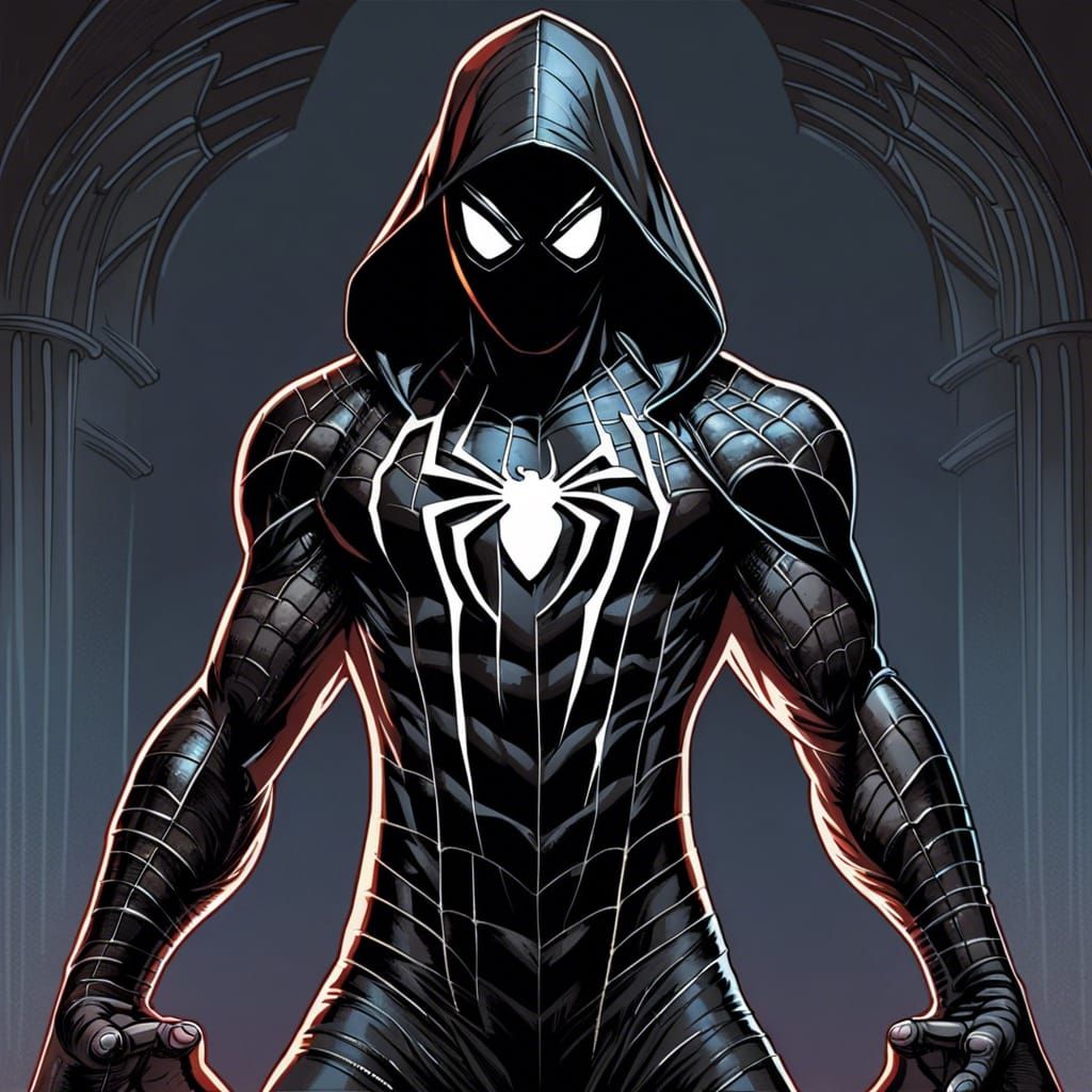Black Spider-Man Costume with Hood in Comic Book Style
