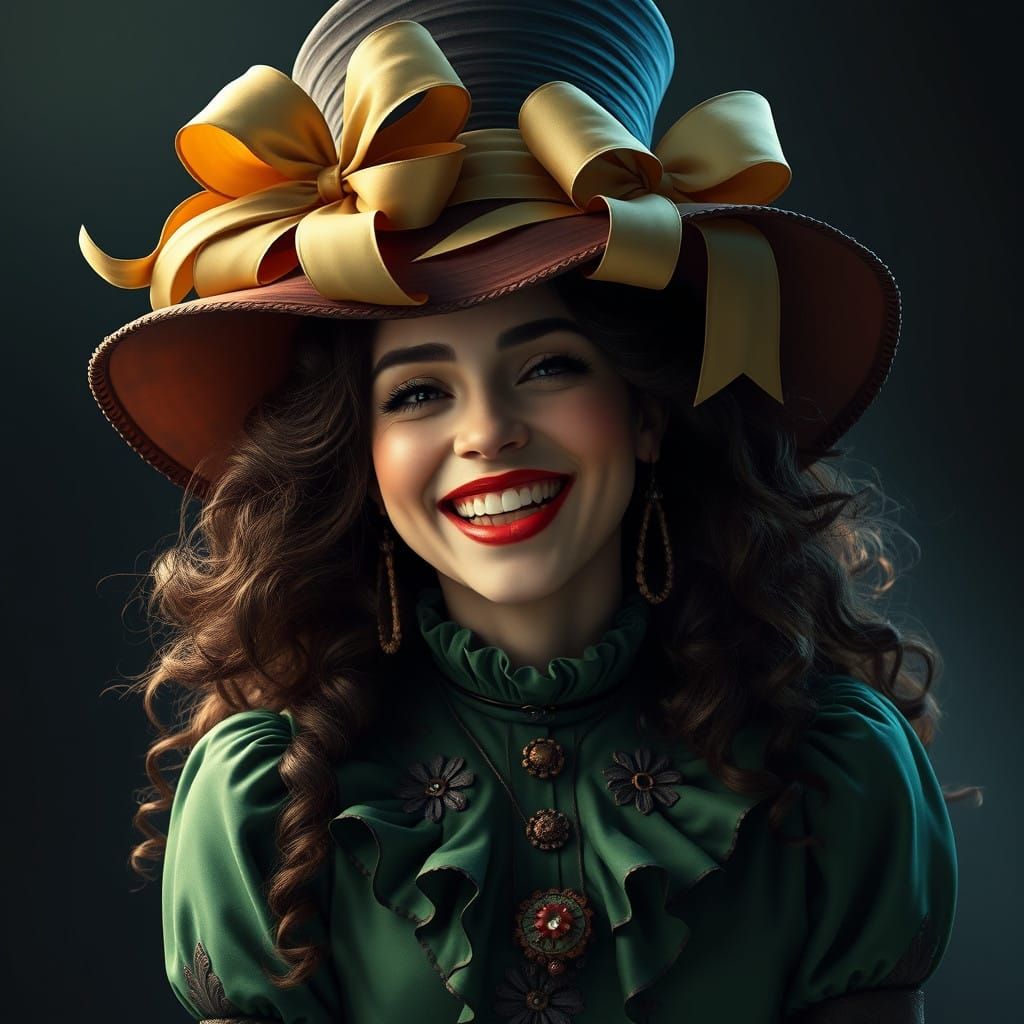 Joyful Woman in Elaborate Victorian Attire