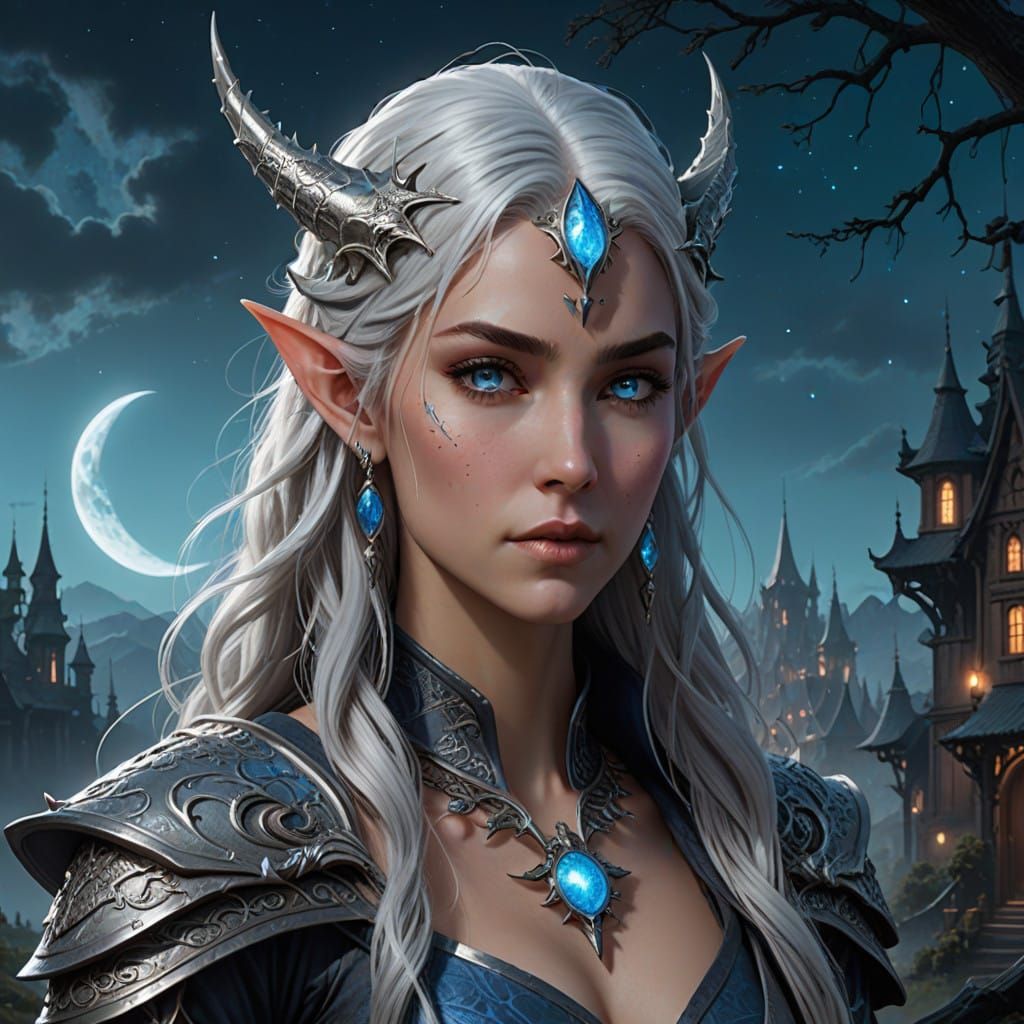 Majestic Half-Silver Dragon Sorceress Under Full Moon