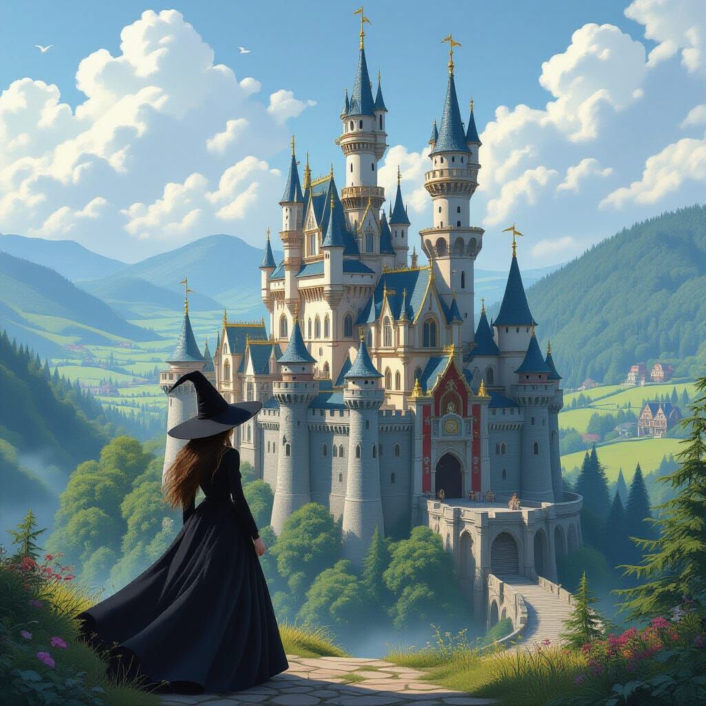 Majestic Castle with Witch, Miyazaki-Inspired Art
