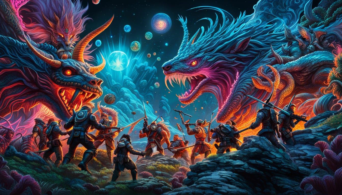 Epic Battle in Bioluminescent Microscopic Landscape