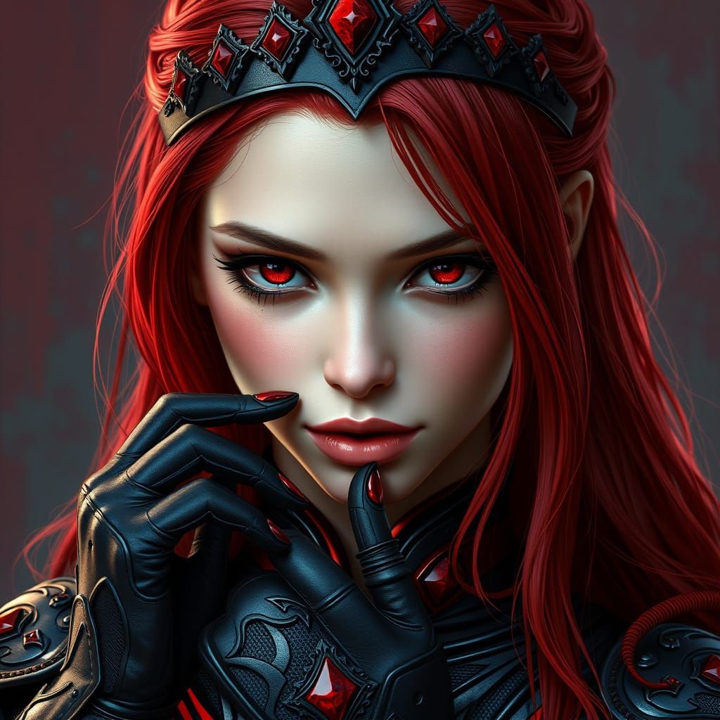 Crimson-Haired Girl in Black Armor, Digital Art