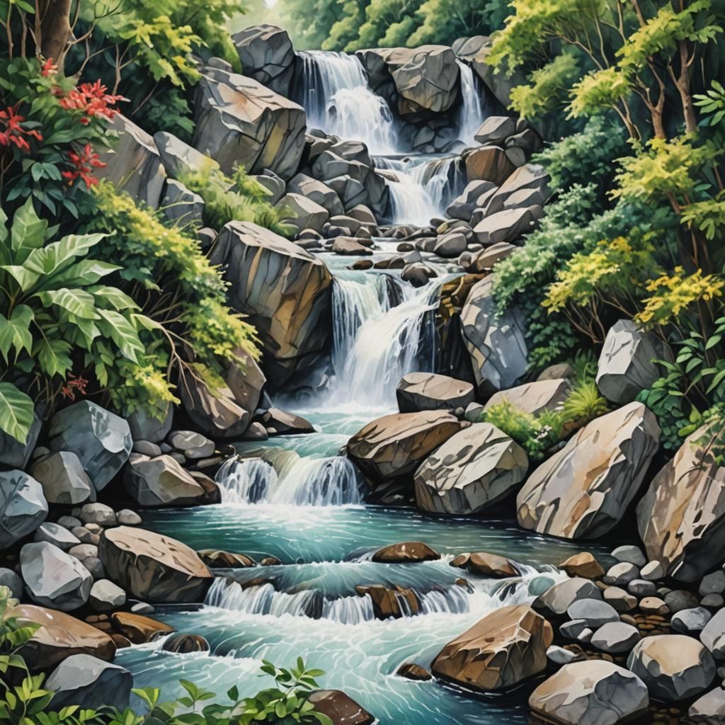 Hyperrealistic Watercolor Portrait of Waterfall and Rocks