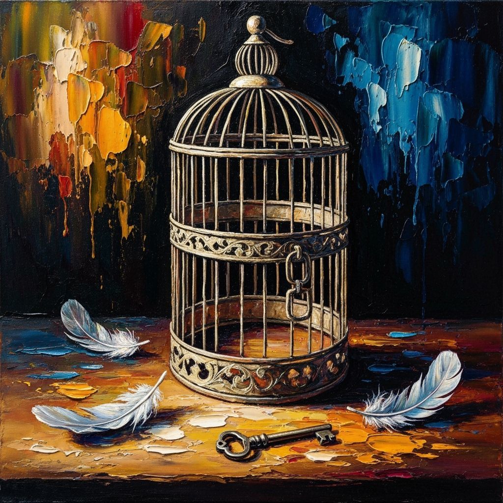 Ornate Birdcage with Feathers in Impasto Oil Style