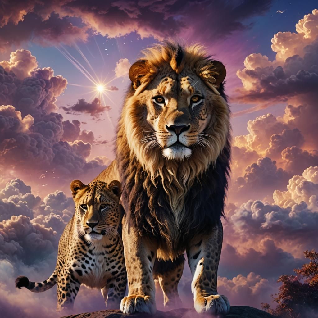 Lion and Leopard in Dreamlike Cloudscape
