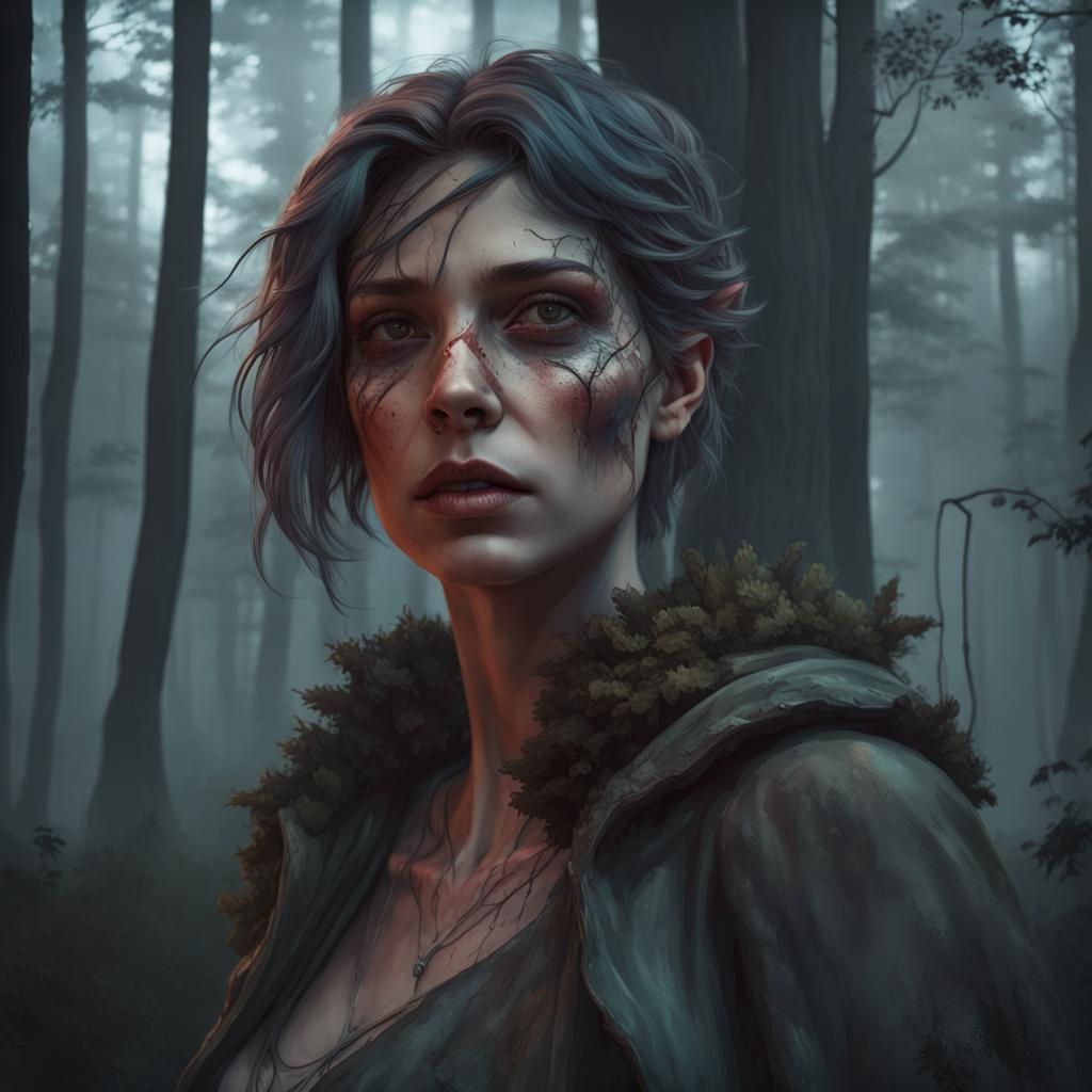 Dark Horror: Woman in Woods, Hyperdetailed Portrait