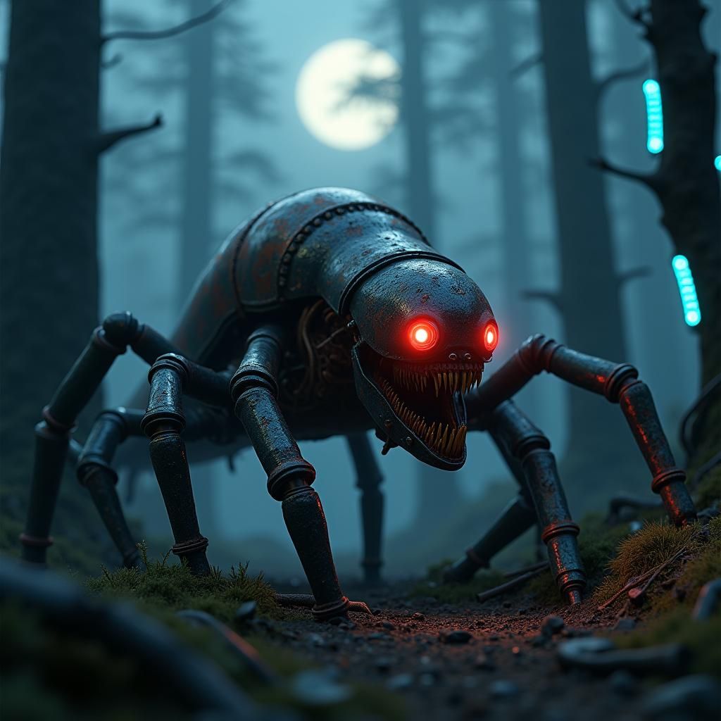 Rusted Mechanical Creature in Eerie Sci-Fi Forest