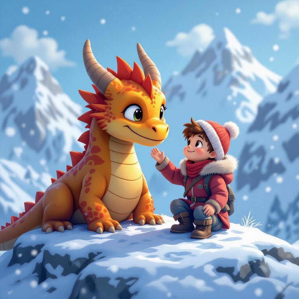 Boy and Dragon Friendship on Snowy Peak