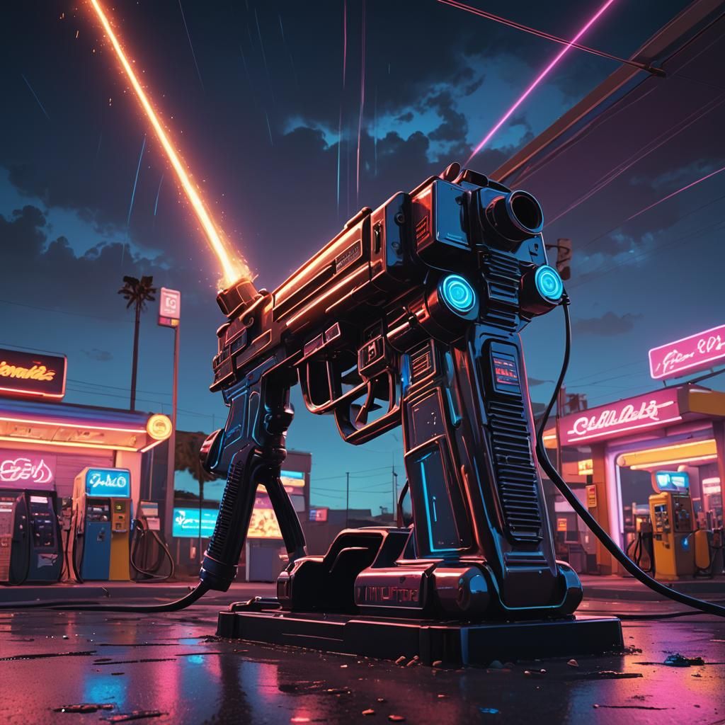 Giant Neon Soldering Gun Descends on Gas Station