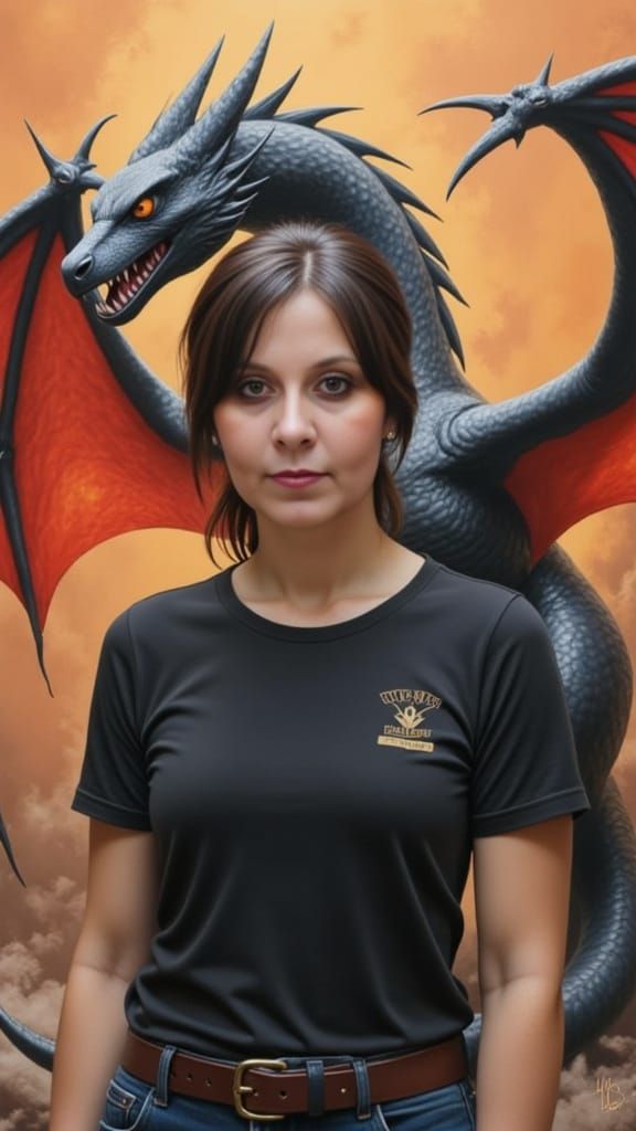 A pokémon trainer <lora:Cathrin:1.3> with her shiny black dragon charizard get ready for an epic battle, photorealistic