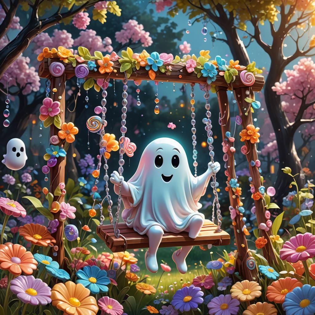 Cute Ghost in Whimsical Garden: Hyperrealistic Cartoon Art