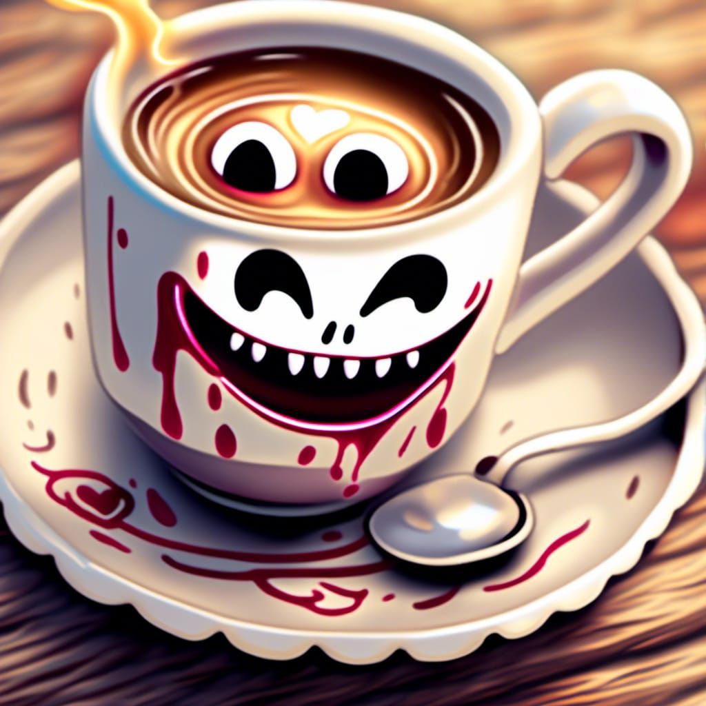 Cartoon Coffee Cup with Scary Eyes in 3D Style