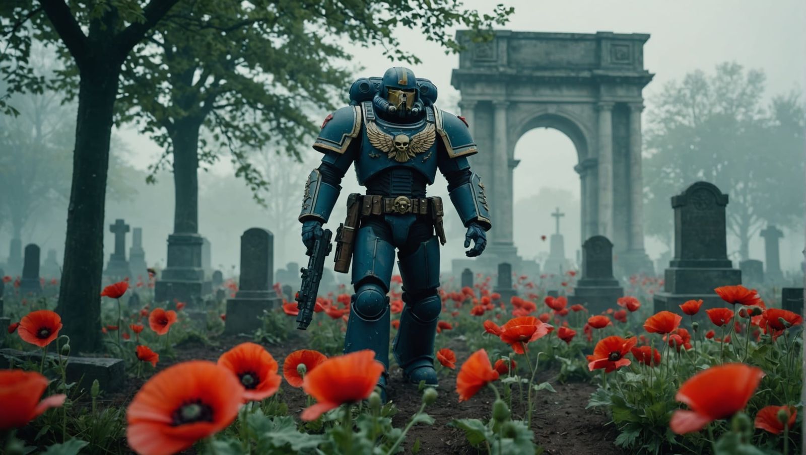 Space Marine in Foggy Cemetery with Poppies