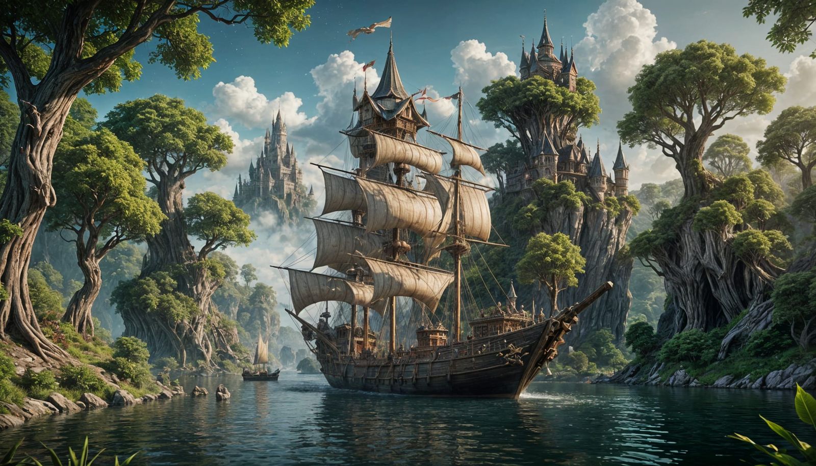 Elven Sailing Ship on Forest River, Detailed Matte Painting