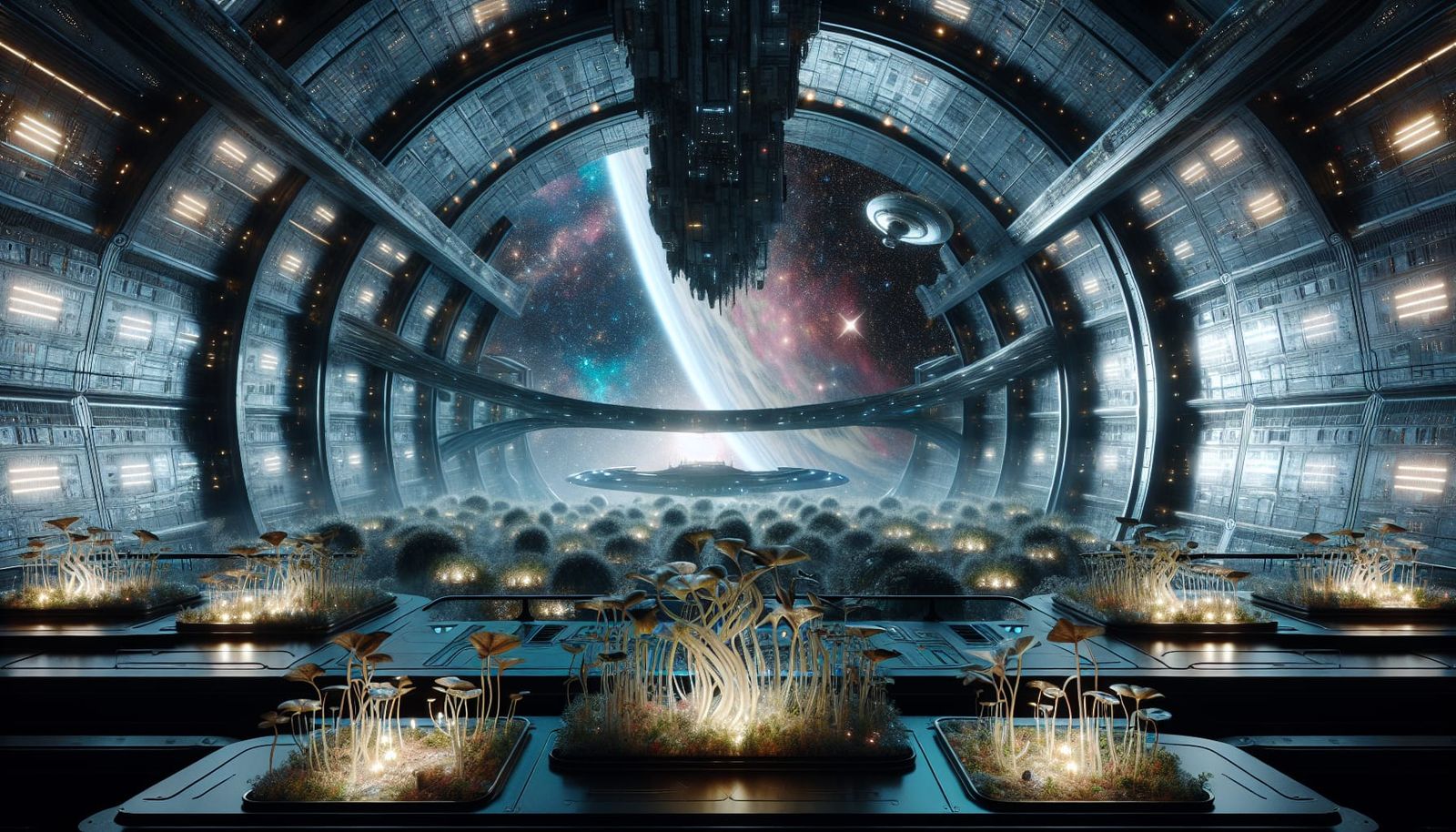 Dystopian Garden in Spaceship Near Sci-Fi Station