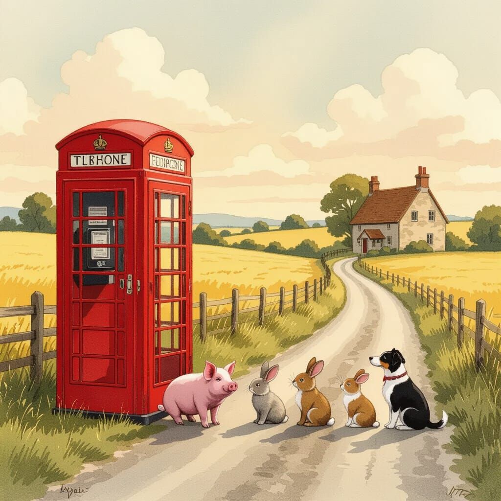 Whimsical Farmhouse Scene with Animals and Phone Booth