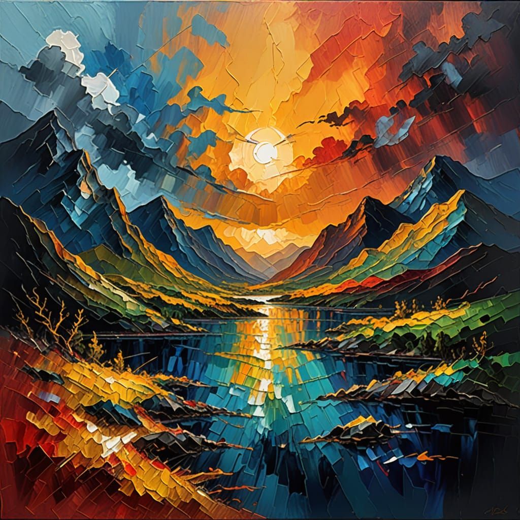 Expressionist Mountain Range Under Stormy Sky