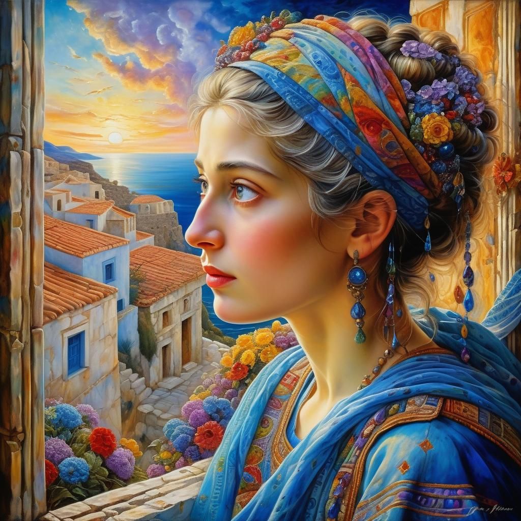 Greek Lady Gazing Out Window, in Futurism Style