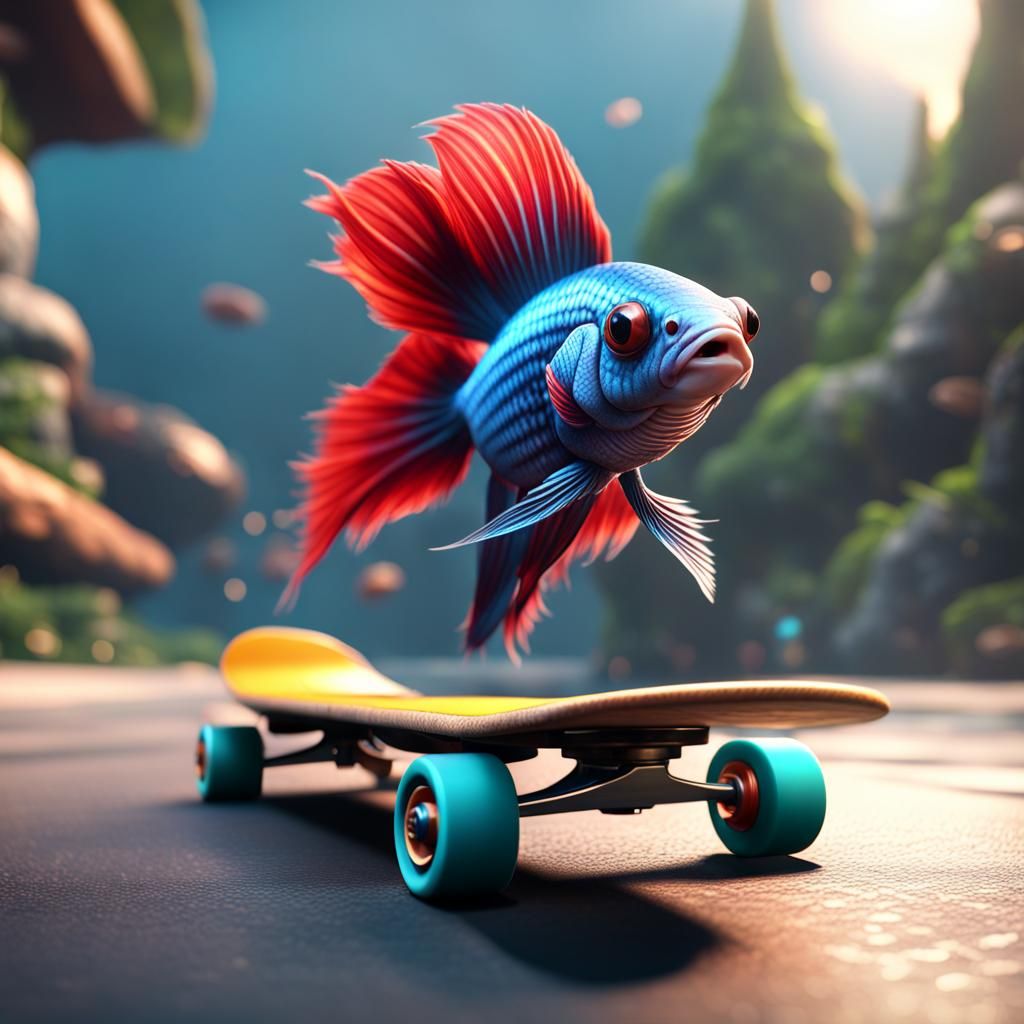 Betta Fish Rides Skateboard in 3D Game Style
