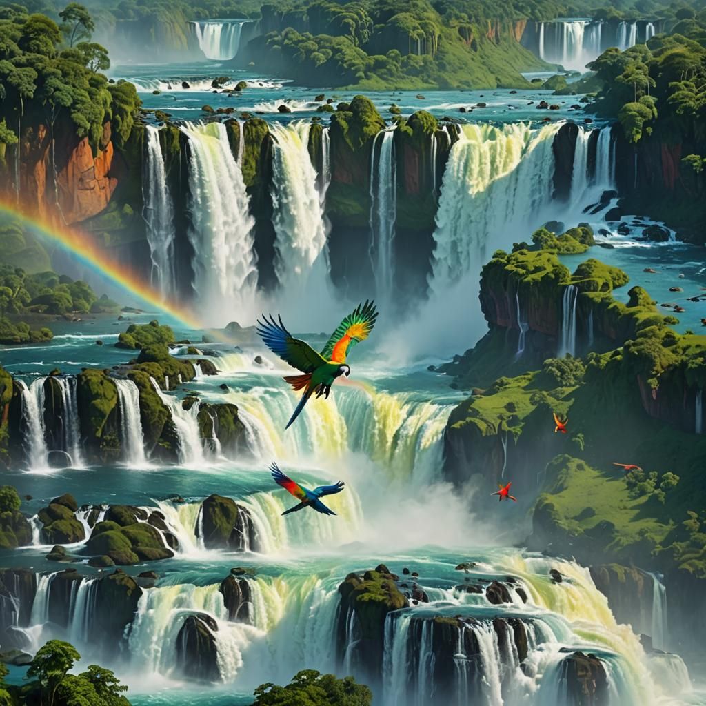 Futuristic Iguazu Waterfalls with Parrot, Hyperrealistic Ill...