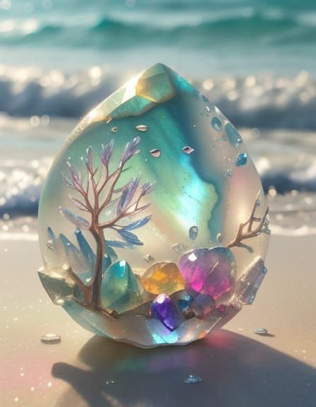 Radiant Crystal Beach Sculpture in Watercolor Splash Art