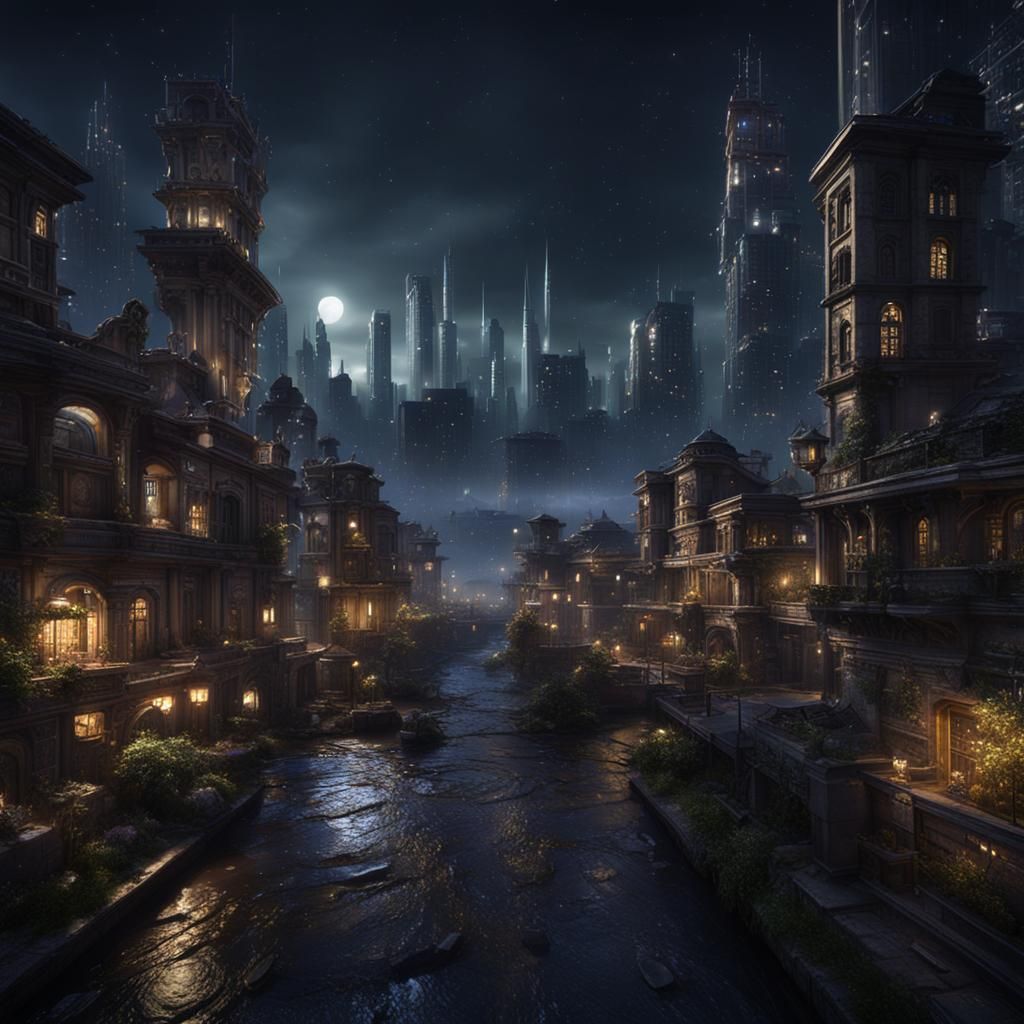 Fantasy Cityscape at Night with Fairy Lights