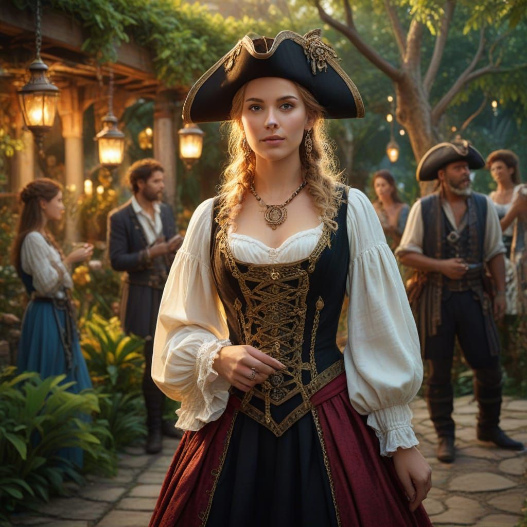 Female Pirate Host Welcomes Guests to Garden Party