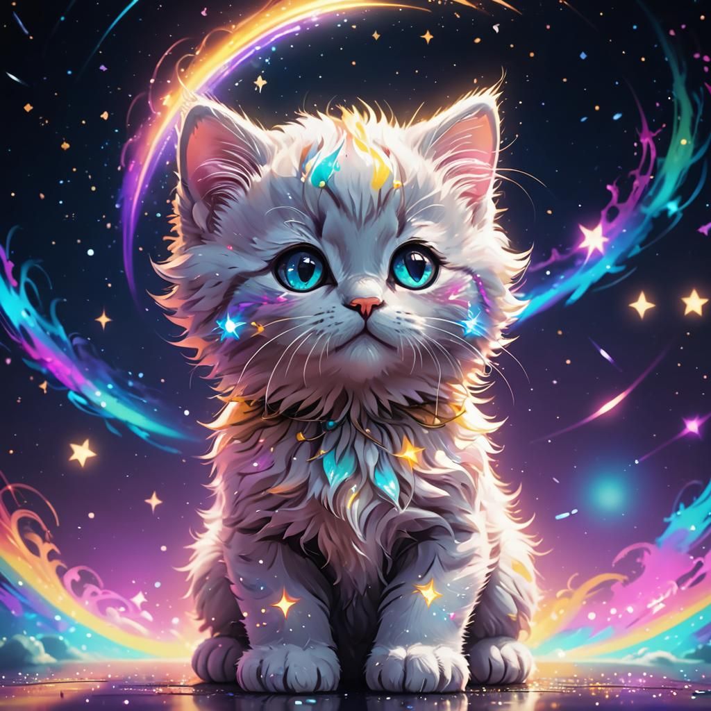 Celestial Kitten Portrait with Rainbow Fur and Laser Backgro...