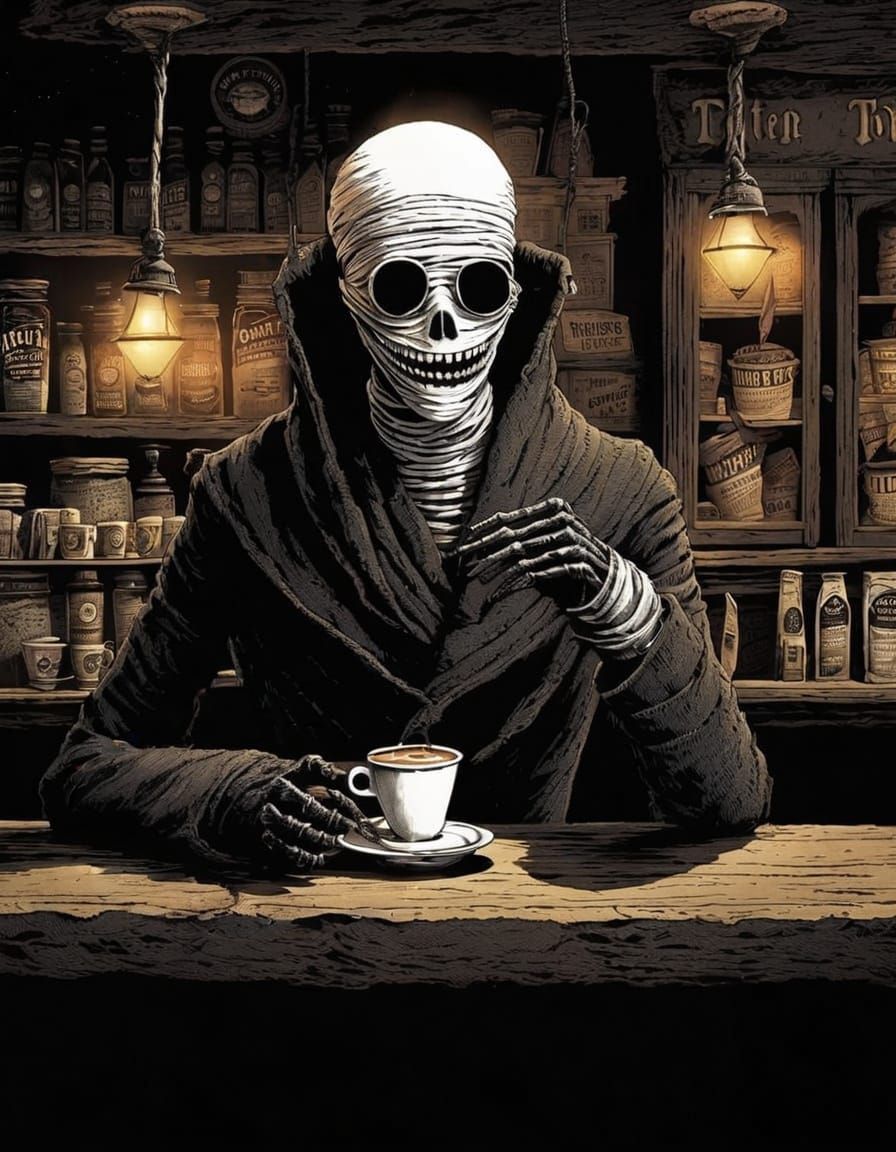 Wrapped Barista Serves Coffee in Gothic Coffee Shop